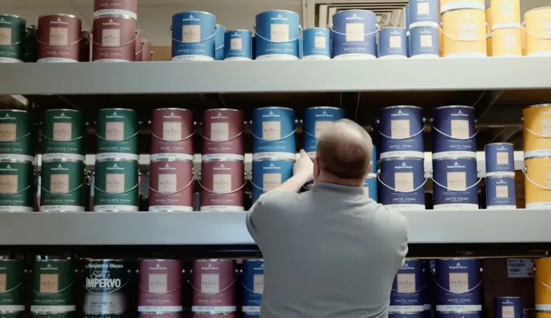 Paint cans on shelves at Spectra Pro Supply store